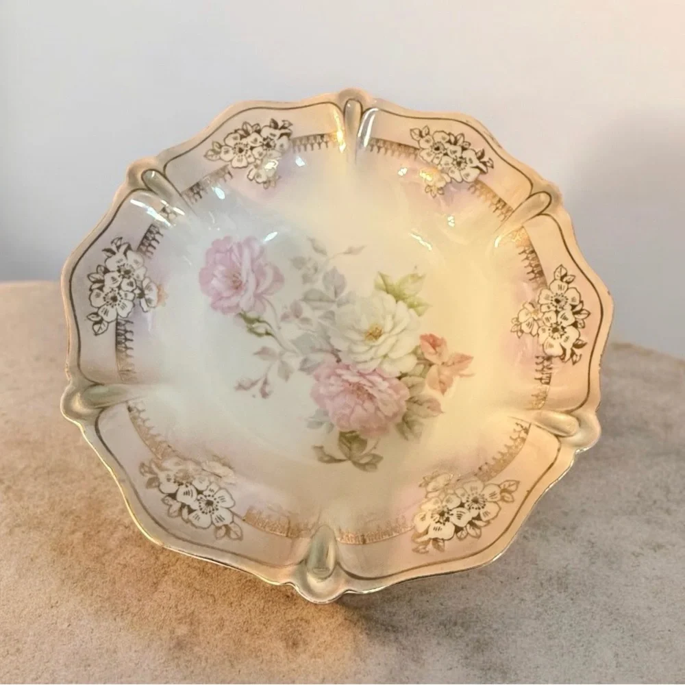 Antique RS Prussia Floral Bowl 10” Scalloped Gold Victorian Porcelain Germany